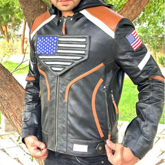 Men's Premium Genuine Leather Biker Jacket with USA Flag - New Style