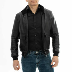 Men's Slim Fit Black Genuine Leather Bomber Jacket with Zip-Up Closure and Pockets