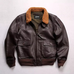 Men's Slim Fit Vintage G1 Jacket - Genuine Cow Leather with Wool Collar