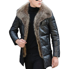 Men’s Black Genuine Sheepskin Detachable Sherpa Shearling Faux Fur Lined Business Thick Warm Slim Fit Padded Leather Puffer Jacket