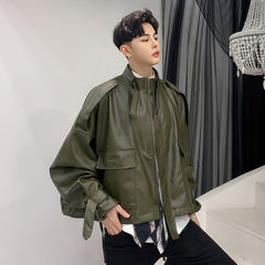 Men’s Army Green Genuine Sheepskin Stand Collar Streetwear Oversized Loose Outfit Bat Sleeve Casual Fashionable Leather Jacket