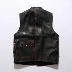 Men's Genuine Leather Motorcycle Biker Vest with Multiple Pockets - Sleeveless Cargo Jacket