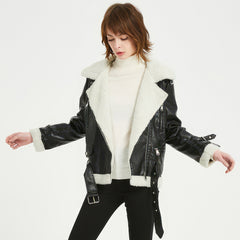 Women’s Black Genuine Sheepskin Sherpa Shearling Faux Fur Lined Winter Warm Korean style Asymmetric Zip-Up Leather Jacket