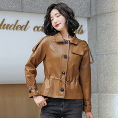 Women’s Brown Genuine Sheepskin Shirt Collar Classic Fashionable Slim Fit Drawstring Streetwear Casual Leather Jacket