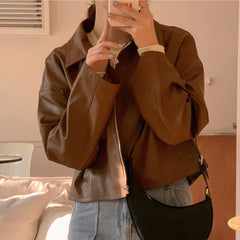 Women’s Genuine Sheepskin Shirt Collar Casual Korean Retro Fashion Chic Retro Zip-Up Smooth Loose Lightweight Leather Jacket