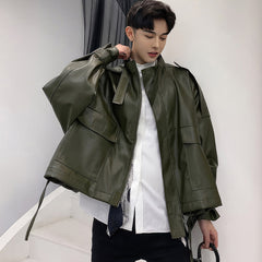 Men’s Army Green Genuine Sheepskin Stand Collar Streetwear Oversized Loose Outfit Bat Sleeve Casual Fashionable Leather Jacket