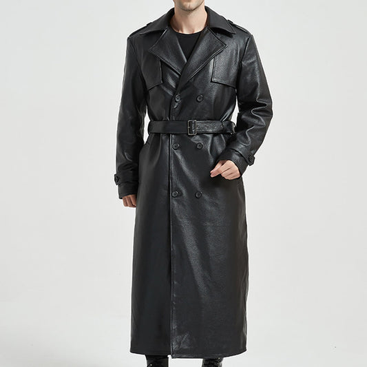 Black Genuine Sheepskin Lapel Collar Slim Fit Matrix Quilted Long Leather Trench Coat