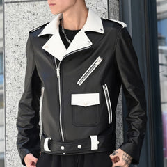 Men's Black Sheepskin Leather Biker Jacket - Lapel Collar, Asymmetric Zip-Up, Slim Fit