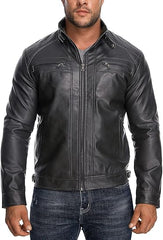 Men's Stand Collar Casual Leather Motorcycle Jacket