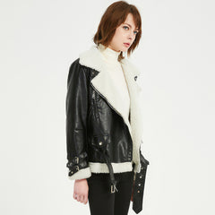 Women’s Black Genuine Sheepskin Sherpa Shearling Faux Fur Lined Winter Warm Korean style Asymmetric Zip-Up Leather Jacket