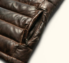 Brown Sheepskin Men's Puffer Leather Jacket - Stylish and Warm Outerwear