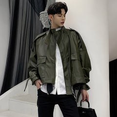 Men’s Army Green Genuine Sheepskin Stand Collar Streetwear Oversized Loose Outfit Bat Sleeve Casual Fashionable Leather Jacket