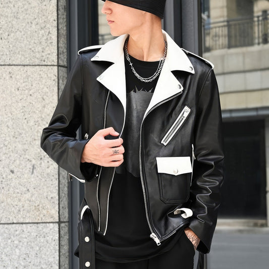 Men's Black Sheepskin Leather Biker Jacket - Lapel Collar, Asymmetric Zip-Up, Slim Fit