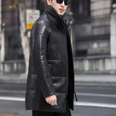 Men’s Black Genuine Sheepskin Detachable Sherpa Shearling Faux Fur Lined Business Thick Warm Slim Fit Padded Leather Puffer Jacket