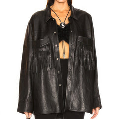 Women’s Black Genuine Sheepskin Pocket Tassels Motorcycle Biker Oversized Biker Racer Loose Fringed Leather Jacket