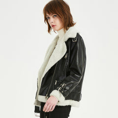 Women’s Black Genuine Sheepskin Sherpa Shearling Faux Fur Lined Winter Warm Korean style Asymmetric Zip-Up Leather Jacket