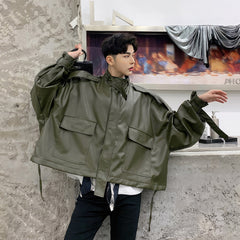 Men’s Army Green Genuine Sheepskin Stand Collar Streetwear Oversized Loose Outfit Bat Sleeve Casual Fashionable Leather Jacket