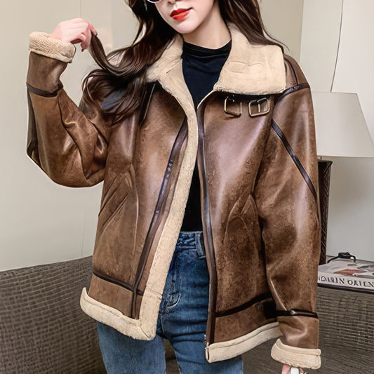 Women’s Distressed Brown Aviator Genuine Sheepskin Sherpa Shearling Faux Fur Lined Thick Winter Warm Streetwear Chic Flight Pilot Leather Jacket