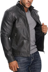 Men's Stand Collar Casual Leather Motorcycle Jacket