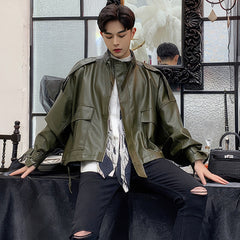 Men’s Army Green Genuine Sheepskin Stand Collar Streetwear Oversized Loose Outfit Bat Sleeve Casual Fashionable Leather Jacket