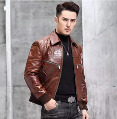 Crocodile Pattern Men's Slim Fit Motorcycle Biker Jacket in Genuine Sheepskin Leather