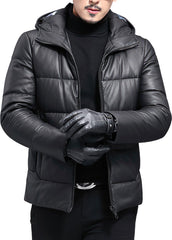 Men’s Black Genuine Sheepskin Hooded Winter Warm Thick Casual Baggy Padded Puffer Lightweight Insulated Parka Leather Jacket