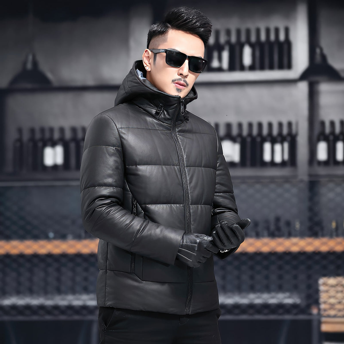 Men’s Black Genuine Sheepskin Hooded Winter Warm Thick Casual Baggy Padded Puffer Lightweight Insulated Parka Leather Jacket