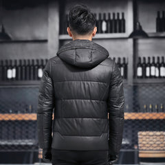 Men’s Black Genuine Sheepskin Hooded Winter Warm Thick Casual Baggy Padded Puffer Lightweight Insulated Parka Leather Jacket