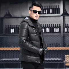 Men’s Black Genuine Sheepskin Hooded Winter Warm Thick Casual Baggy Padded Puffer Lightweight Insulated Parka Leather Jacket