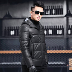 Men’s Black Genuine Sheepskin Hooded Winter Warm Thick Casual Baggy Padded Puffer Lightweight Insulated Parka Leather Jacket