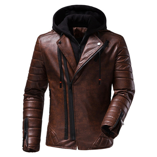 Men’s Vintage Distressed Brown Biker Genuine Sheepskin Lapel Collar Hooded Motorcycle Rider Crossover Retro Quilted Asymmetric Leather Jacket