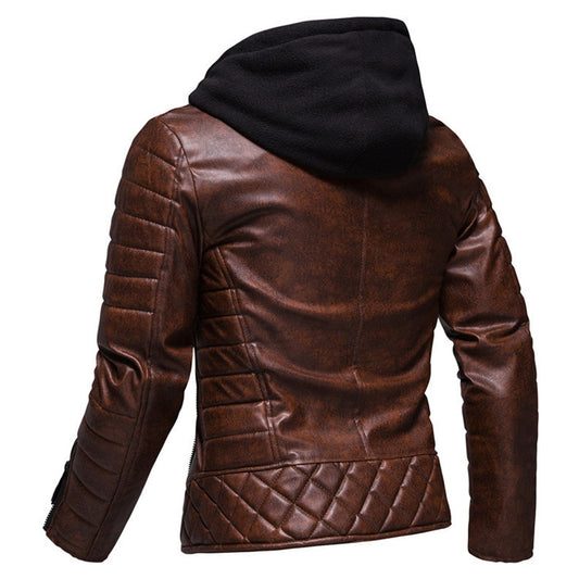 Men’s Vintage Distressed Brown Biker Genuine Sheepskin Lapel Collar Hooded Motorcycle Rider Crossover Retro Quilted Asymmetric Leather Jacket