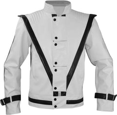 Men’s White Genuine Sheepskin Quilted Shoulders Classic Retro Fashion Celebrity Inspired Black Strips Cosplay Leather Jacket