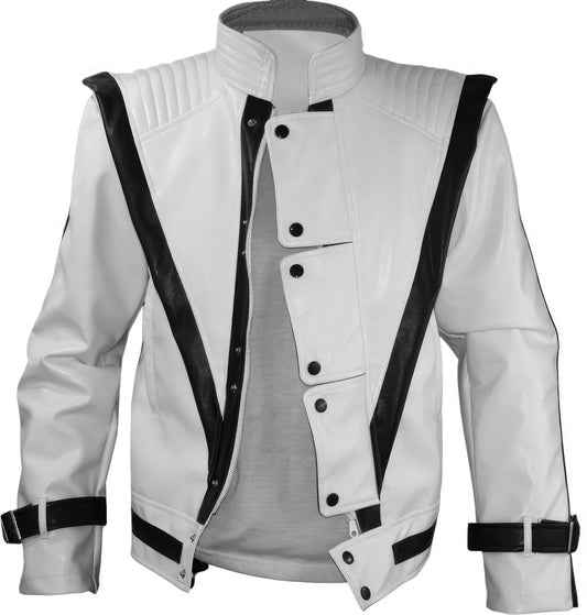 Men’s White Genuine Sheepskin Quilted Shoulders Classic Retro Fashion Celebrity Inspired Black Strips Cosplay Leather Jacket