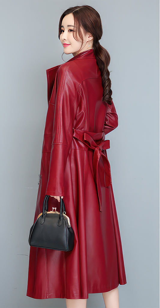 Women’s Red Genuine Sheepskin Stand Collar Slim Fit Belted High Street Smooth Lightweight Elegant Fashion Leather Coat