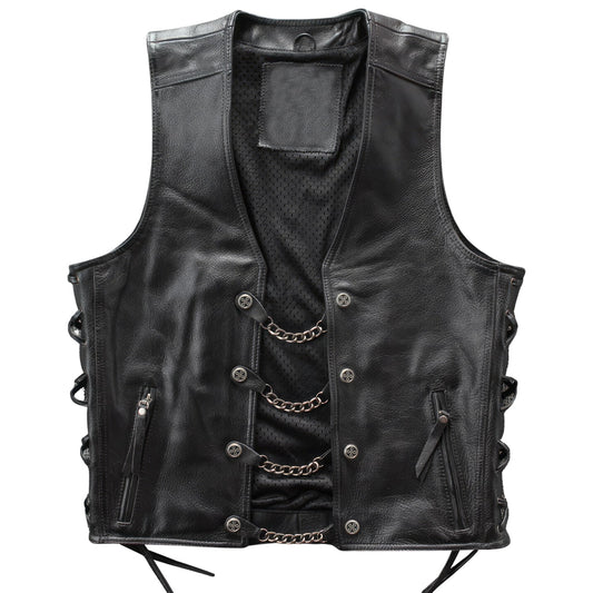 Men’s Black Biker Genuine Sheepskin Sleeveless Lace-Up Trendy Motorcycle Streetwear Punk Fashion Leather Waistcoat