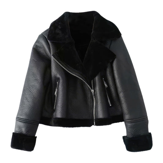 Women’s Black Aviator Genuine Sheepskin Sherpa Shearling Faux Fur Winter Warm Casual Bomber Flight Pilot Leather Jacket