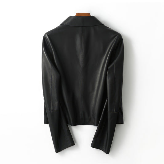 Women’s Black Genuine Sheepskin Shirt Collar Cropped Fashion Classic Style Lightweight Smooth Leather Jacket