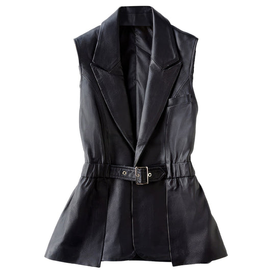 Women’s Black Genuine Sheepskin Lapel Collar Sleeveless Top Belted Motorcycle Sporty Biker Slim Fit Leather Waistcoat