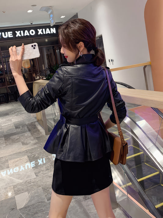 Women’s Black Genuine Sheepskin Suit Collar Motorcycle Pleated Korean Style Asymmetric Crossover Winter Leather Jacket