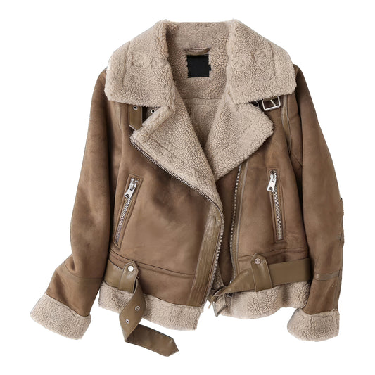 Women’s Brown Vintage Genuine Suede Lambskin Crossover Lapel Collar Sherpa Shearling Faux Fur Lined Sporty Moto Biker Asymmetric Leather Jacket