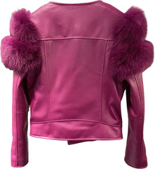 Women’s Burgundy Wine  Genuine Lambskin Sherpa Shearling Faux Fur Fluffy Sleeves Classic Outfit Smooth Lightweight Leather Jacket