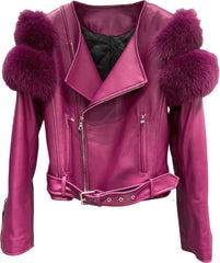 Women’s Burgundy Wine  Genuine Lambskin Sherpa Shearling Faux Fur Fluffy Sleeves Classic Outfit Smooth Lightweight Leather Jacket