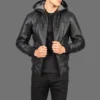 Mens Black Leather Hooded Motorcycle Jacket