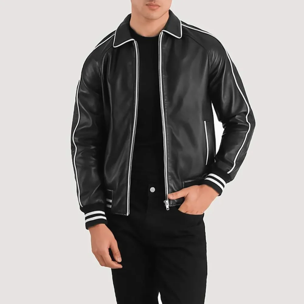 Black Leather Varsity Jacket for Men - Image 2