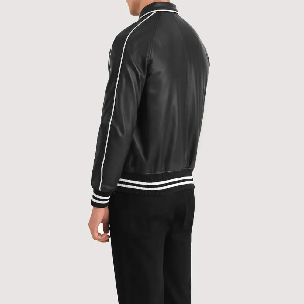 Black Leather Varsity Jacket for Men - Image 3