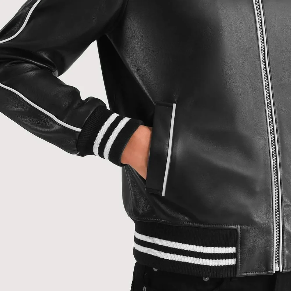 Black Leather Varsity Jacket for Men - Image 4