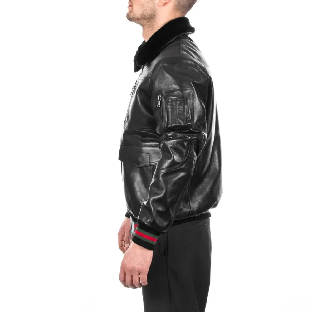 Handmade Men's Genuine Lambskin Leather Bomber Jacket with Removable Fur Collar - Image 3