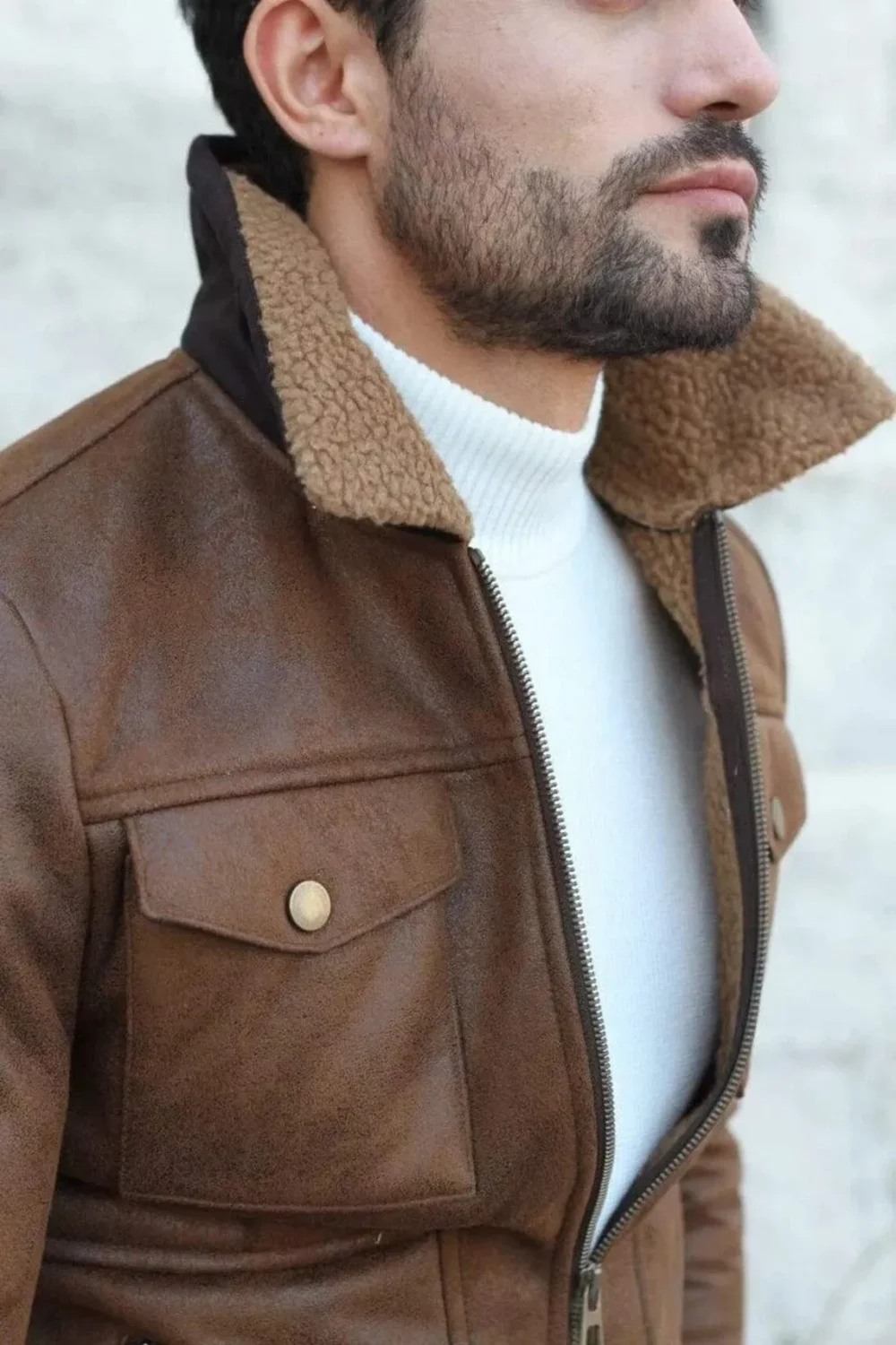 Men's Slim Fit Brown Leather Trucker Jacket with Fur Collar - Image 6