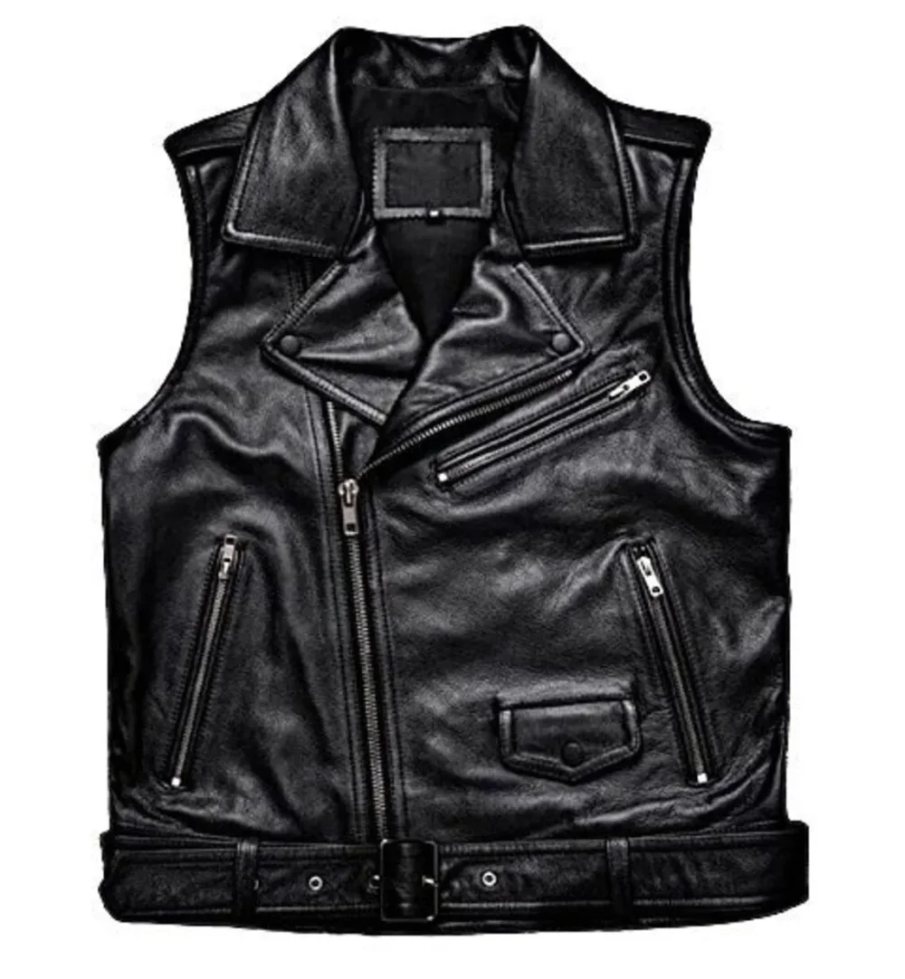 Menâ€™s Black Biker Genuine Cowhide V-Neck Cafe Racer Vest Multi Pockets Motorcycle Sporty Racer Leather Waistcoat